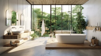 Spacious bathroom thanks to the full-wall window with perfect harmony of white tub and wood. Generative AI Technology 