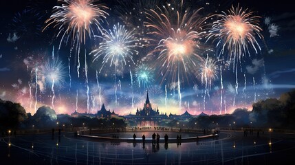 Fototapeta premium a painting of fireworks in the sky over a city at night. generative ai