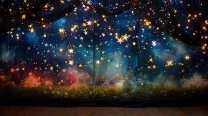  a stage with a curtain and stars painted on the curtain.  generative ai