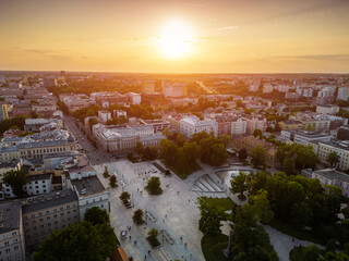 downtown plac litewski, city square and park at sunset, Lublin, Poland - obrazy, fototapety, plakaty