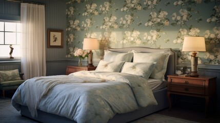 A serene bedroom with Traditional Floral Wallpaper, creating a tranquil oasis for rest and relaxation