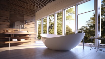 Fototapeta premium Spacious bathroom thanks to the full-wall window with perfect harmony of white tub and wood. Generative AI Technology 