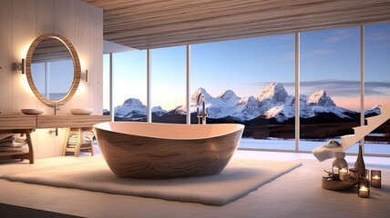 Obraz premium Spacious bathroom thanks to the full-wall window with perfect harmony of white tub and wood. Generative AI Technology 