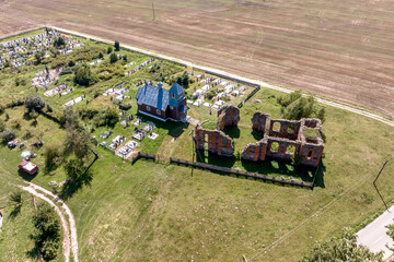 aerial view on abandoned temple or catholic church without roof in countryside