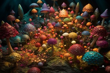Naklejka na ściany i meble Colorful 3D artwork featuring clusters of fantastical mushrooms. Generative AI