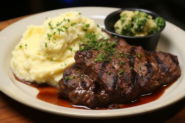Delicious steak and mashed potatoes. Generative AI