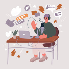 Vector illustration of woman Woman recording a podcast on her laptop computer with headphones and a microscope. Female podcaster making audio podcast from her home studio.