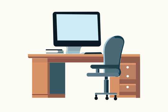 Office furniture is depicted in a cartoonish, flat style. Bedside tables, chairs, lamps, notice boards, laptops, and books