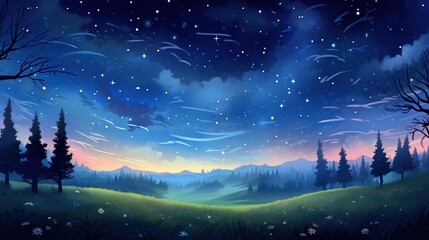 Naklejka premium a painting of a night sky with stars and trees in the foreground. generative ai