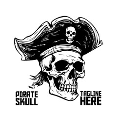 Vector skull with pirate hat. Hand-drawn skeleton face. For logo, label, sign, poster, t-shirt design - PNG, Transparent Background
