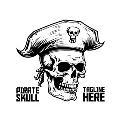 Pirate hat-adorned skull in a monochromatic illustration, vector format. Hand-drawn pirate skeleton face. Versatile design element for logo, label, emblem - PNG, Transparent Background