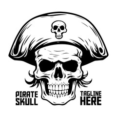 Monochrome illustration of a pirate hat-wearing skull in vector. Hand-drawn pirate skeleton face. Design element for logo, label, emblem, sign, brand mark, poster - PNG, Transparent Background
