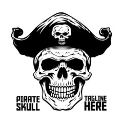 Vector monochromatic skull illustration with pirate hat. Hand-drawn pirate skeleton face. Design element suitable for logo, label, emblem, sign, brand mark - PNG, Transparent Background