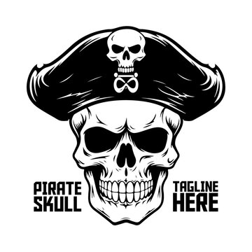 Monochrome vector illustration of a skull wearing a pirate hat. Hand-drawn pirate skeleton face - PNG, Transparent Background