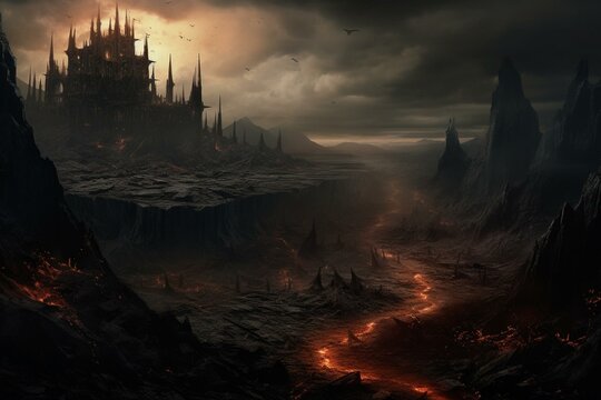 A sinister Mordor-like landscape with a touch of fantasy. Generative AI