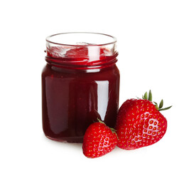 Jar of sweet strawberry jam isolated on white background