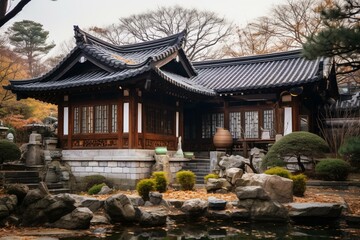 Traditional Korean house in Seoul, Korea. Generative AI
