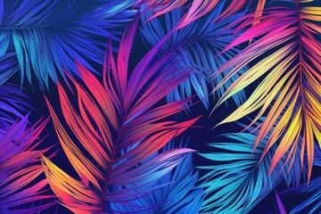 Vibrant tropical illustration with holographic palm leaves on a blue background and glitchy effect. Generative AI