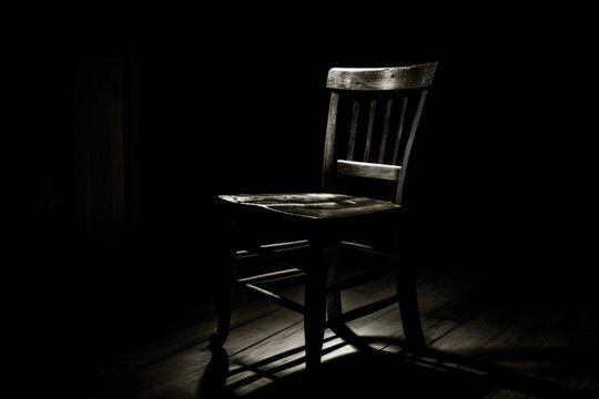 A solitary chair surrounded by darkness. Generative AI
