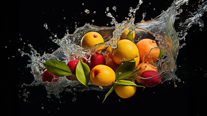 Fruits and water dropping on a black background, high speed motion