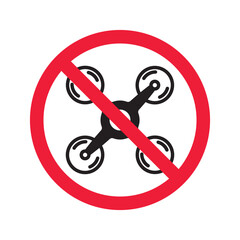 Prohibited drone vector icon. No flying drone icon. Forbidden drone icon. No drone zone vector sign. Warning, caution, attention, restriction, danger flat sign design symbol pictogram