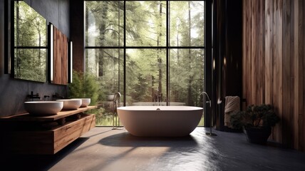 Fototapeta premium Spacious bathroom thanks to the full-wall window. And what are you waiting the whole cold day is the warm bath. Generative AI Technology 