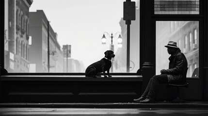 Dog and his owner on the city street. Black and white photography.