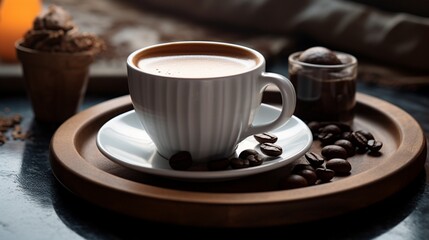 A steaming cup of espresso served alongside a small dish of chocolate-covered espresso beans