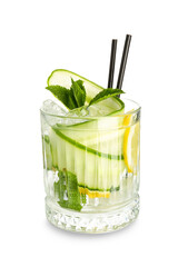 Glass of lemonade with cucumber and mint on white background