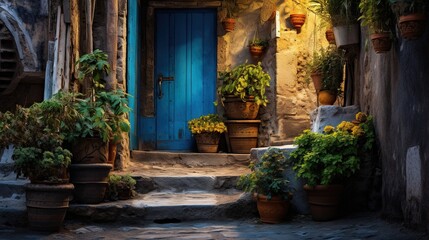  a blue door and some potted plants outside of a house.  generative ai