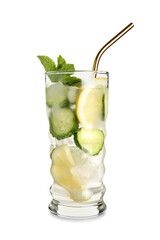 Glass of lemonade with cucumber and mint on white background