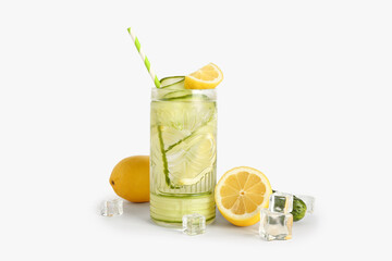 Glass of lemonade with cucumber on white background