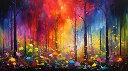A sudden eruption of color within a serene forest, as if the trees themselves are celebrating with bursts of pigmented joy
