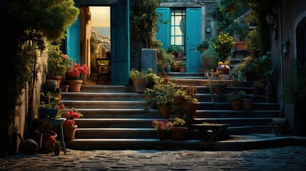 Fototapeta na wymiar a set of steps with potted plants on each of them. generative ai
