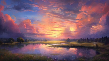  a painting of a beautiful sunset over a lake with clouds.  generative ai