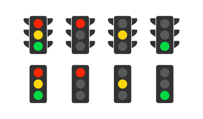 Traffic lights icon. Stoplight signs. Stop in the road symbol. Street semaphore symbols. Regulation icons. Black, yellow, red, green color. Vector sign.