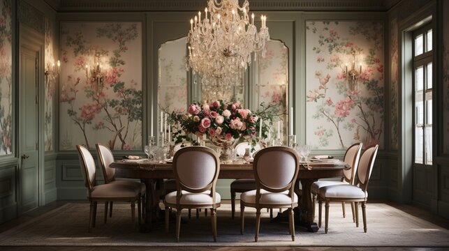 A traditional dining room with a sparkling chandelier and Traditional Floral Wallpaper, perfect for festive occasions