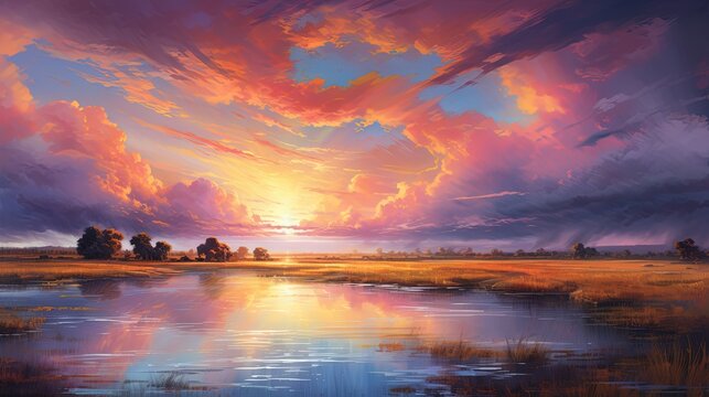  a painting of a beautiful sunset over a river with clouds.  generative ai