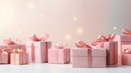 pink gift boxes on a light background. - obrazy, fototapety, plakaty