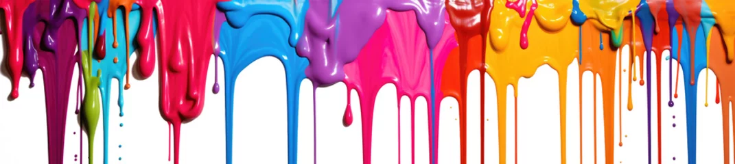 Fototapeten Rainbow colored paint dripping on white background. Banner with colored oil streaks © Lazy_Bear