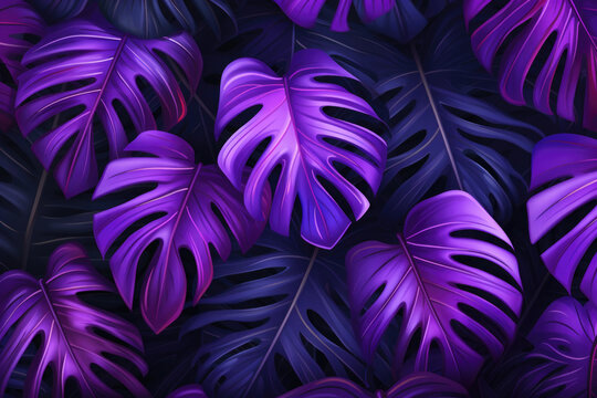 Abstract background with neon colored monstera leaves. Tropical exotic plants with ultraviolet lighting