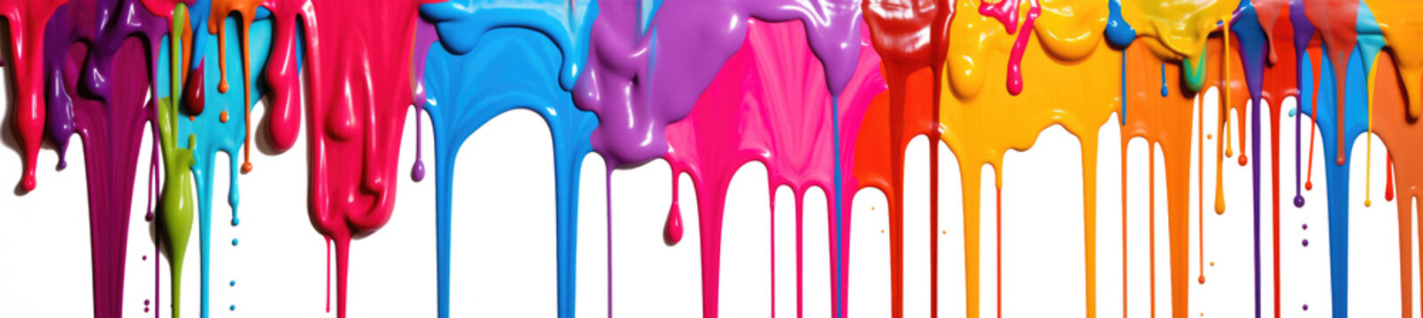 Rainbow Colored Paint Dripping On White Background. Banner With Colored Oil Streaks