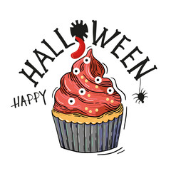 Halloween cupcake with eyes. Happy halloween poster or greeting card