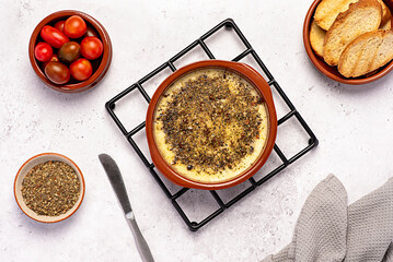 Food photography of provolone cheese, baked, melted, starter, italian, oregano, seasoning, toast, tomatoes, pottery