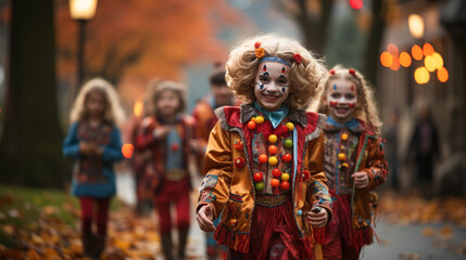 Fototapeta premium Cute little children dressed up as clowns for Halloween walking down the sidewalk together - generative AI.