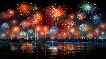 Fototapeta premium a large fireworks display over a city skyline at night time. generative ai
