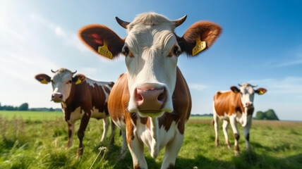 Fototapeta premium cows on the background of sky and green grass.generative ai