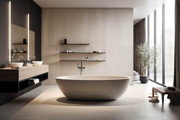 Fototapeta na wymiar Modern bath with neutral-toned walls, sleek flooring, elegant basin, oval reflector, monochrome tub. Generative AI