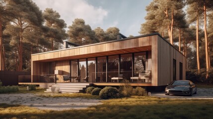 Obraz premium Peaceful house middle of the forest. Far away the city noise. Where you can live with your family safety and love. Generative AI Technology 