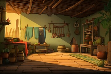 Cartoon-style depiction of an Indian village house interior. Generative AI